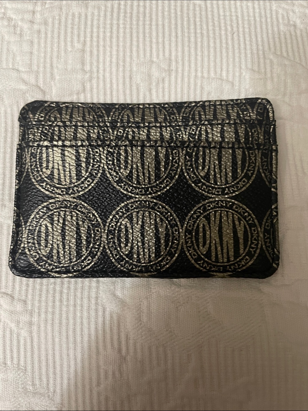 DKNY Black Card Holder with Gold Monogram Print